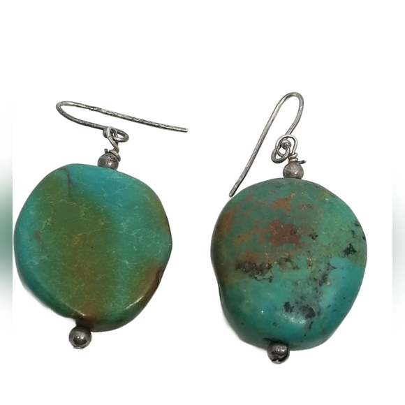 VINTAGE GENUINE TURQUOISE CHUNK & STERLING SILVER HOOK DROP EARRINGS - Picture 4 of 4